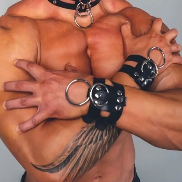 Black Leather Wrist Bracelets with Silver Rings #7 - Picture 1 of 4